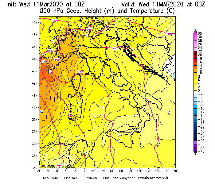 Mappa di analisi GFS - Geopotenziale [m] e Temperatura [°C] a 850 hPa in Italia
							del 11/03/2020 00 <!--googleoff: index-->UTC<!--googleon: index-->