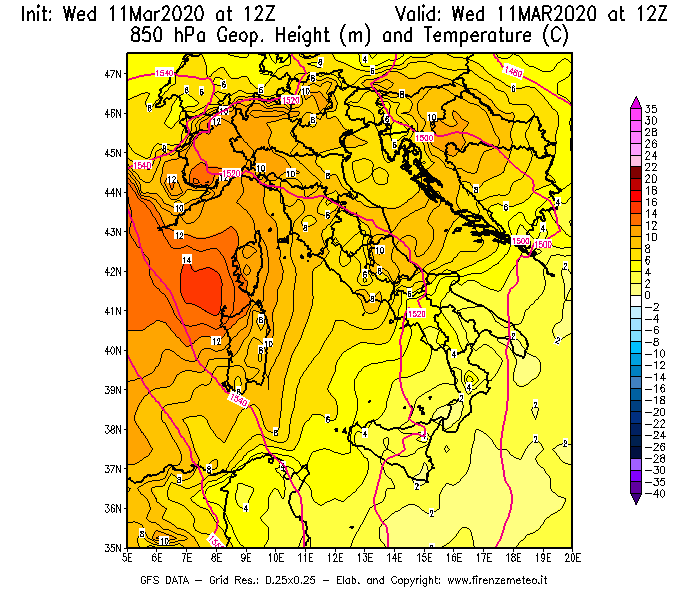 Mappa di analisi GFS - Geopotenziale [m] e Temperatura [°C] a 850 hPa in Italia
							del 11/03/2020 12 <!--googleoff: index-->UTC<!--googleon: index-->