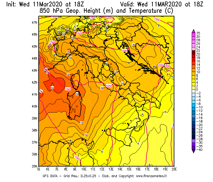 Mappa di analisi GFS - Geopotenziale [m] e Temperatura [°C] a 850 hPa in Italia
							del 11/03/2020 18 <!--googleoff: index-->UTC<!--googleon: index-->