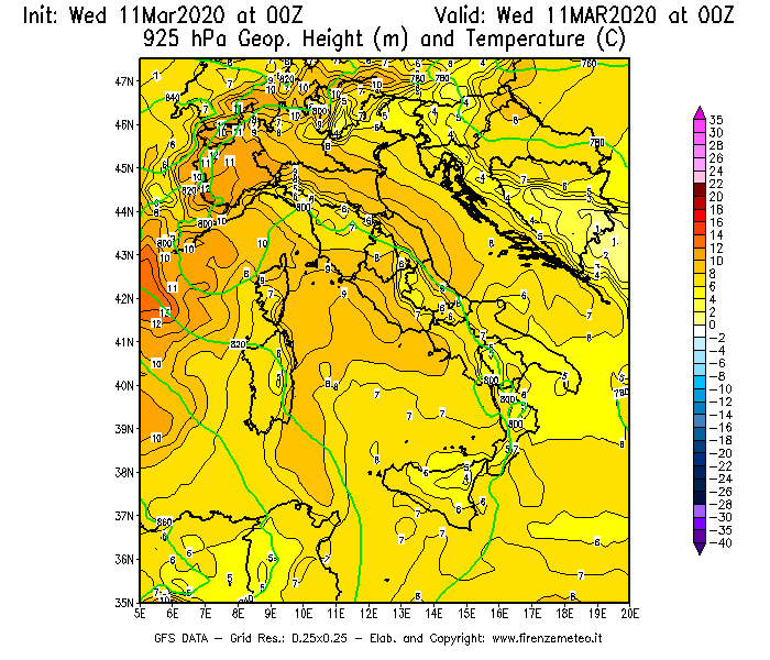 Mappa di analisi GFS - Geopotenziale [m] e Temperatura [°C] a 925 hPa in Italia
							del 11/03/2020 00 <!--googleoff: index-->UTC<!--googleon: index-->