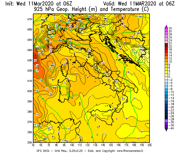 Mappa di analisi GFS - Geopotenziale [m] e Temperatura [°C] a 925 hPa in Italia
							del 11/03/2020 06 <!--googleoff: index-->UTC<!--googleon: index-->
