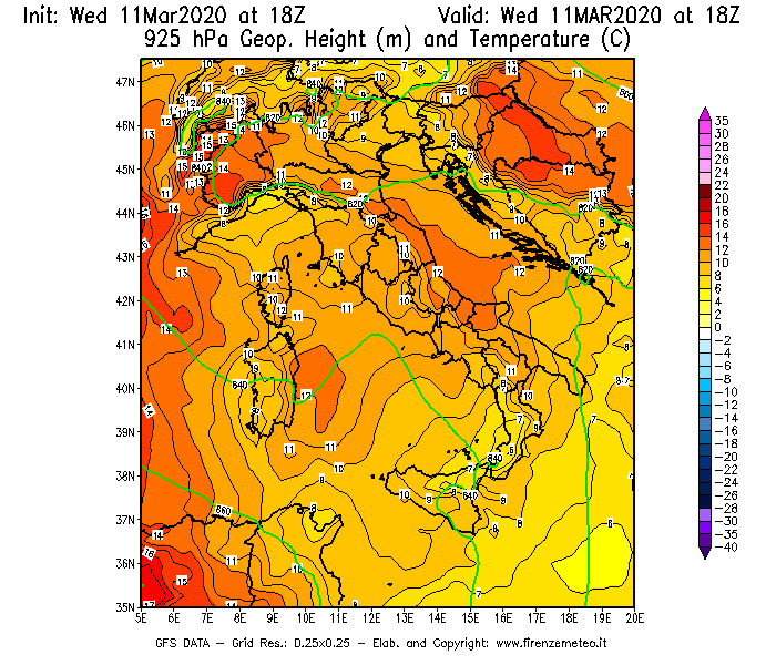 Mappa di analisi GFS - Geopotenziale [m] e Temperatura [°C] a 925 hPa in Italia
							del 11/03/2020 18 <!--googleoff: index-->UTC<!--googleon: index-->