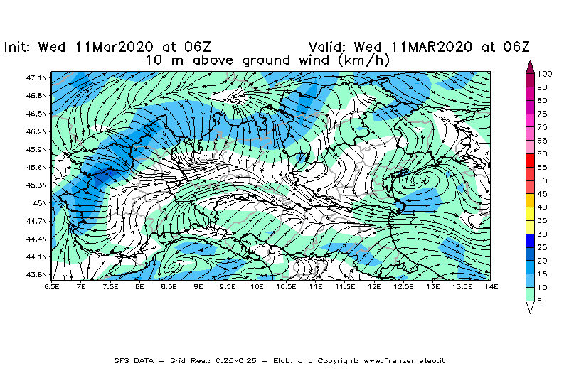 Mappa di analisi GFS - Velocità del vento a 10 metri dal suolo [km/h] in Nord-Italia
							del 11/03/2020 06 <!--googleoff: index-->UTC<!--googleon: index-->