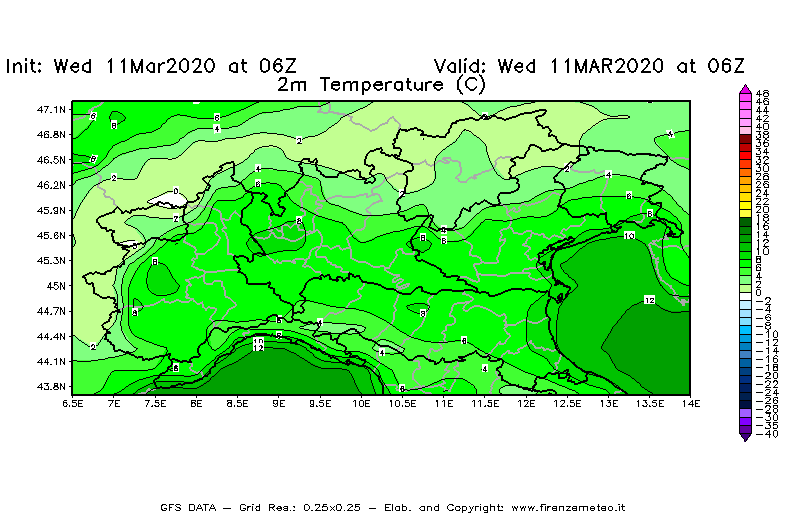 Mappa di analisi GFS - Temperatura a 2 metri dal suolo [°C] in Nord-Italia
							del 11/03/2020 06 <!--googleoff: index-->UTC<!--googleon: index-->