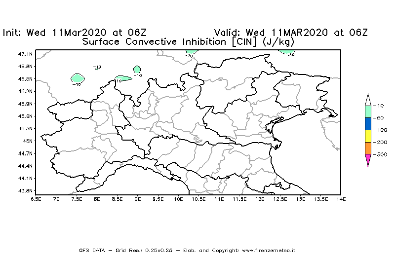 Mappa di analisi GFS - CIN [J/kg] in Nord-Italia
							del 11/03/2020 06 <!--googleoff: index-->UTC<!--googleon: index-->