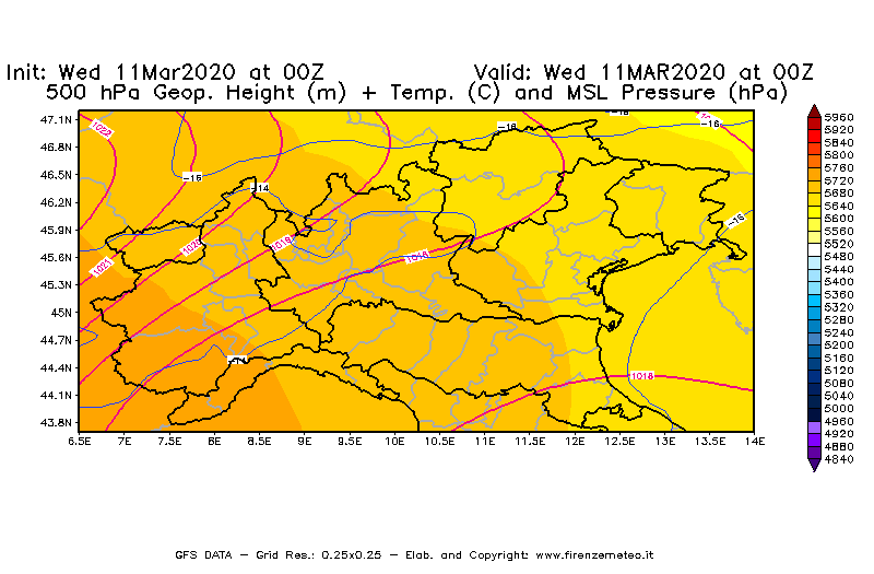 Mappa di analisi GFS - Geopotenziale [m] + Temp. [°C] a 500 hPa + Press. a livello del mare [hPa] in Nord-Italia
							del 11/03/2020 00 <!--googleoff: index-->UTC<!--googleon: index-->