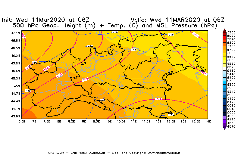 Mappa di analisi GFS - Geopotenziale [m] + Temp. [°C] a 500 hPa + Press. a livello del mare [hPa] in Nord-Italia
							del 11/03/2020 06 <!--googleoff: index-->UTC<!--googleon: index-->