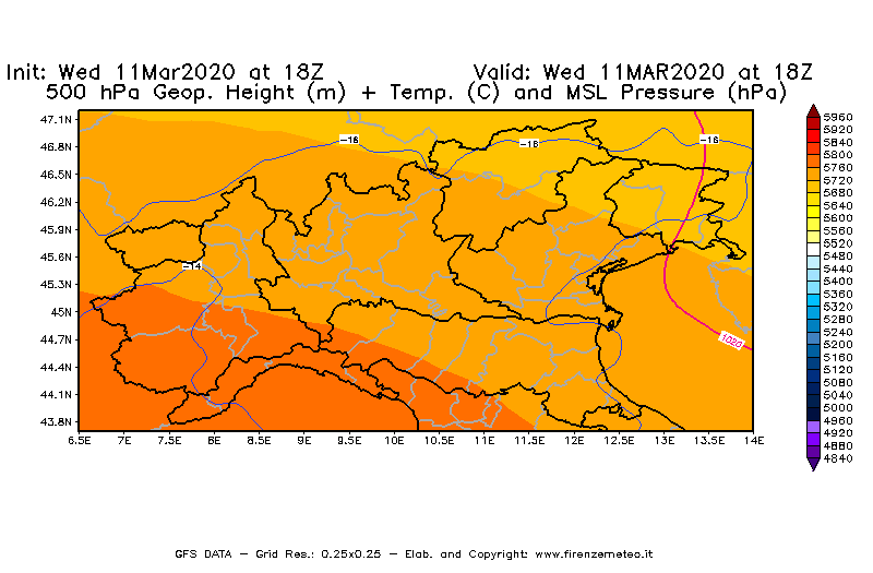 Mappa di analisi GFS - Geopotenziale [m] + Temp. [°C] a 500 hPa + Press. a livello del mare [hPa] in Nord-Italia
							del 11/03/2020 18 <!--googleoff: index-->UTC<!--googleon: index-->