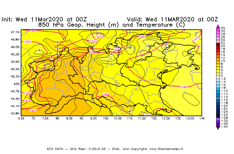 Mappa di analisi GFS - Geopotenziale [m] e Temperatura [°C] a 850 hPa in Nord-Italia
							del 11/03/2020 00 <!--googleoff: index-->UTC<!--googleon: index-->