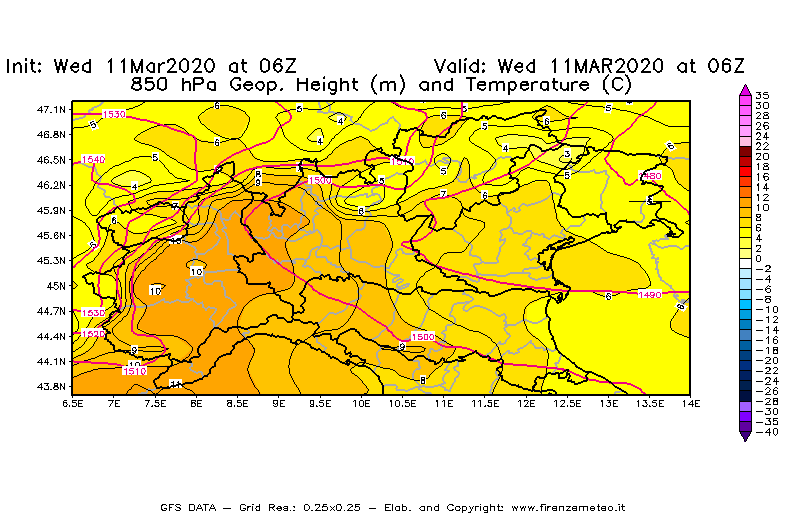 Mappa di analisi GFS - Geopotenziale [m] e Temperatura [°C] a 850 hPa in Nord-Italia
							del 11/03/2020 06 <!--googleoff: index-->UTC<!--googleon: index-->