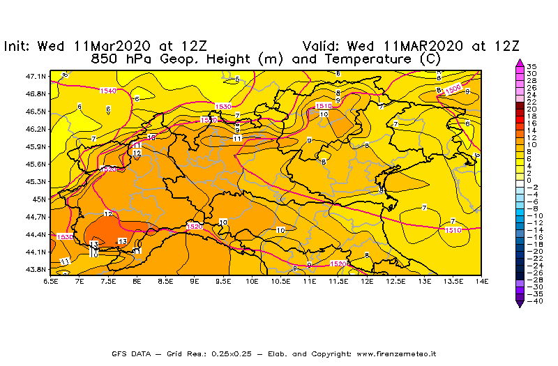 Mappa di analisi GFS - Geopotenziale [m] e Temperatura [°C] a 850 hPa in Nord-Italia
							del 11/03/2020 12 <!--googleoff: index-->UTC<!--googleon: index-->