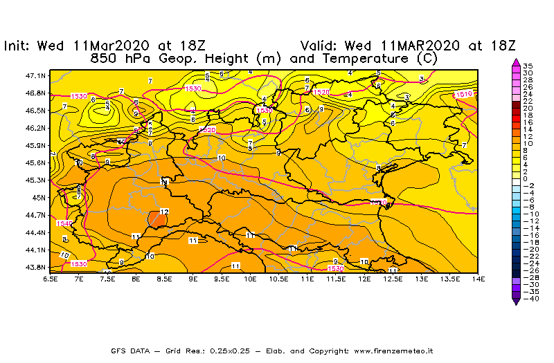Mappa di analisi GFS - Geopotenziale [m] e Temperatura [°C] a 850 hPa in Nord-Italia
							del 11/03/2020 18 <!--googleoff: index-->UTC<!--googleon: index-->
