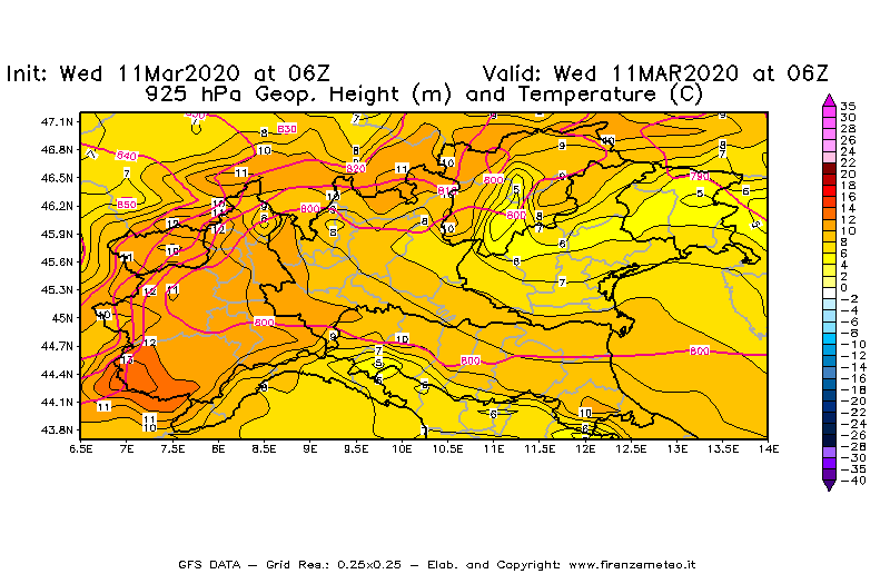 Mappa di analisi GFS - Geopotenziale [m] e Temperatura [°C] a 925 hPa in Nord-Italia
							del 11/03/2020 06 <!--googleoff: index-->UTC<!--googleon: index-->
