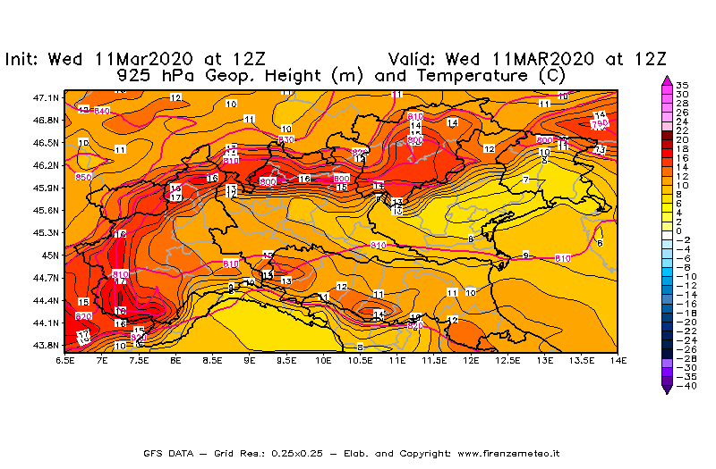 Mappa di analisi GFS - Geopotenziale [m] e Temperatura [°C] a 925 hPa in Nord-Italia
							del 11/03/2020 12 <!--googleoff: index-->UTC<!--googleon: index-->