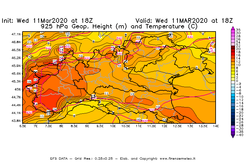Mappa di analisi GFS - Geopotenziale [m] e Temperatura [°C] a 925 hPa in Nord-Italia
							del 11/03/2020 18 <!--googleoff: index-->UTC<!--googleon: index-->