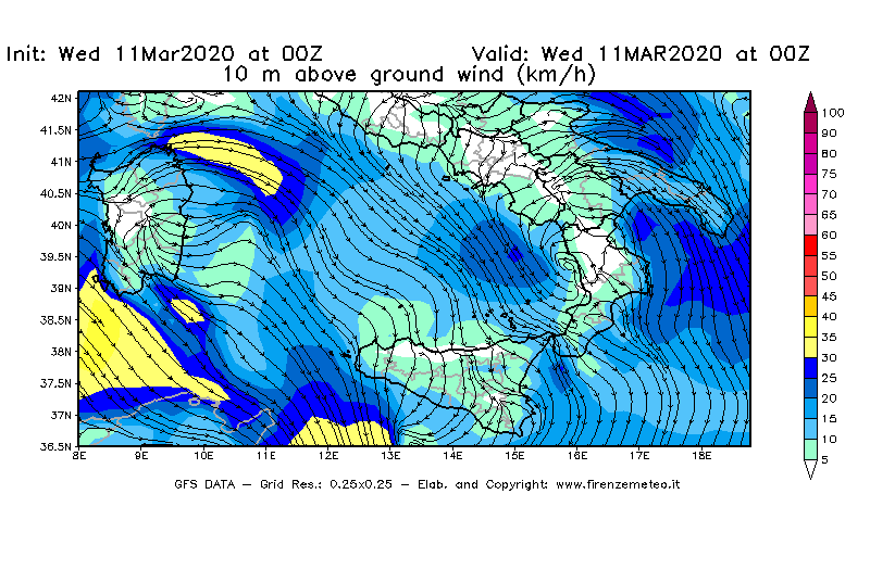 Mappa di analisi GFS - Velocità del vento a 10 metri dal suolo [km/h] in Sud-Italia
							del 11/03/2020 00 <!--googleoff: index-->UTC<!--googleon: index-->