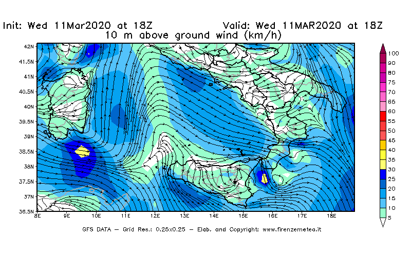 Mappa di analisi GFS - Velocità del vento a 10 metri dal suolo [km/h] in Sud-Italia
							del 11/03/2020 18 <!--googleoff: index-->UTC<!--googleon: index-->
