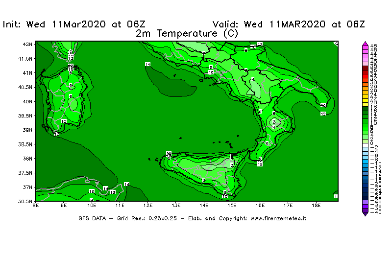 Mappa di analisi GFS - Temperatura a 2 metri dal suolo [°C] in Sud-Italia
							del 11/03/2020 06 <!--googleoff: index-->UTC<!--googleon: index-->