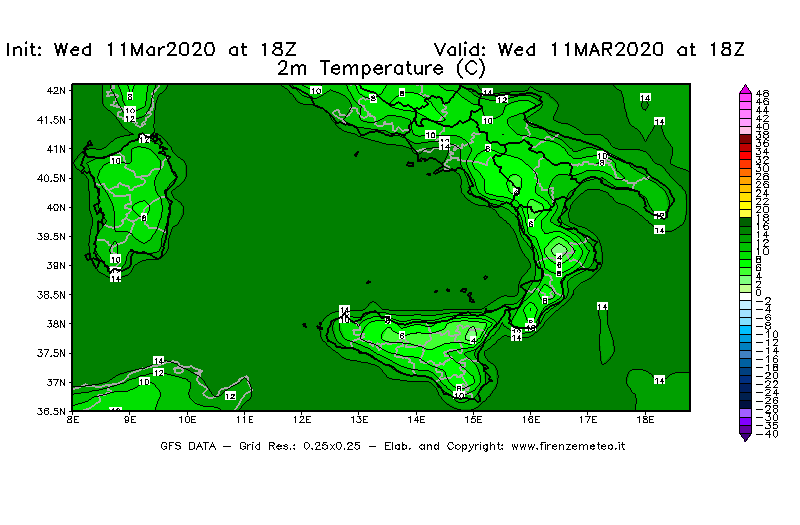 Mappa di analisi GFS - Temperatura a 2 metri dal suolo [°C] in Sud-Italia
							del 11/03/2020 18 <!--googleoff: index-->UTC<!--googleon: index-->