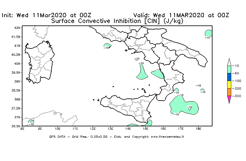 Mappa di analisi GFS - CIN [J/kg] in Sud-Italia
							del 11/03/2020 00 <!--googleoff: index-->UTC<!--googleon: index-->