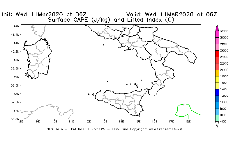 Mappa di analisi GFS - CAPE [J/kg] e Lifted Index [°C] in Sud-Italia
							del 11/03/2020 06 <!--googleoff: index-->UTC<!--googleon: index-->