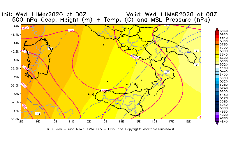 Mappa di analisi GFS - Geopotenziale [m] + Temp. [°C] a 500 hPa + Press. a livello del mare [hPa] in Sud-Italia
							del 11/03/2020 00 <!--googleoff: index-->UTC<!--googleon: index-->