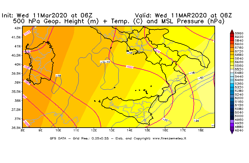 Mappa di analisi GFS - Geopotenziale [m] + Temp. [°C] a 500 hPa + Press. a livello del mare [hPa] in Sud-Italia
							del 11/03/2020 06 <!--googleoff: index-->UTC<!--googleon: index-->
