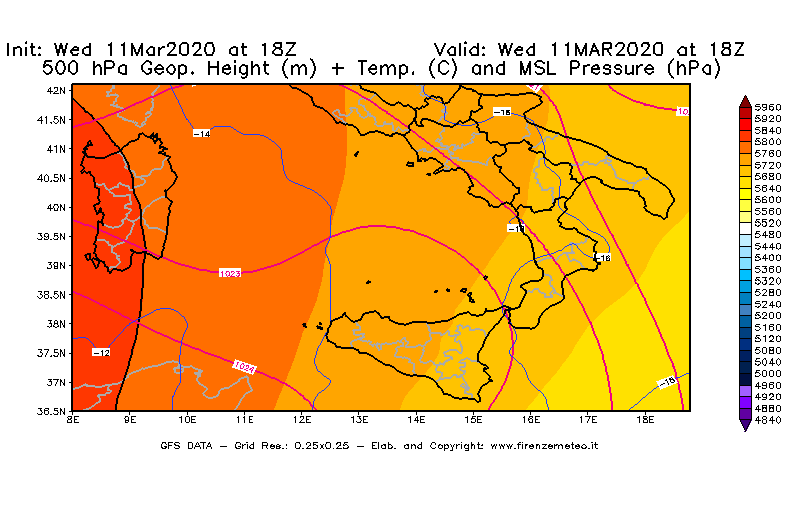 Mappa di analisi GFS - Geopotenziale [m] + Temp. [°C] a 500 hPa + Press. a livello del mare [hPa] in Sud-Italia
							del 11/03/2020 18 <!--googleoff: index-->UTC<!--googleon: index-->