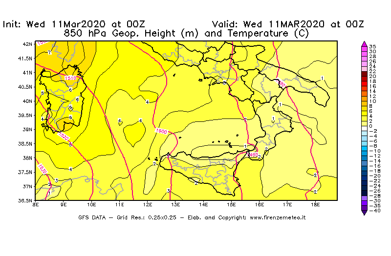 Mappa di analisi GFS - Geopotenziale [m] e Temperatura [°C] a 850 hPa in Sud-Italia
							del 11/03/2020 00 <!--googleoff: index-->UTC<!--googleon: index-->