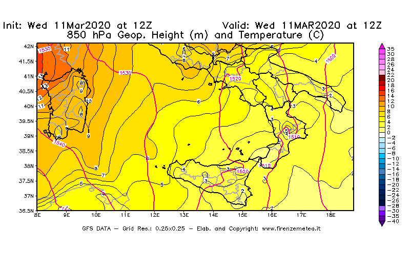 Mappa di analisi GFS - Geopotenziale [m] e Temperatura [°C] a 850 hPa in Sud-Italia
							del 11/03/2020 12 <!--googleoff: index-->UTC<!--googleon: index-->