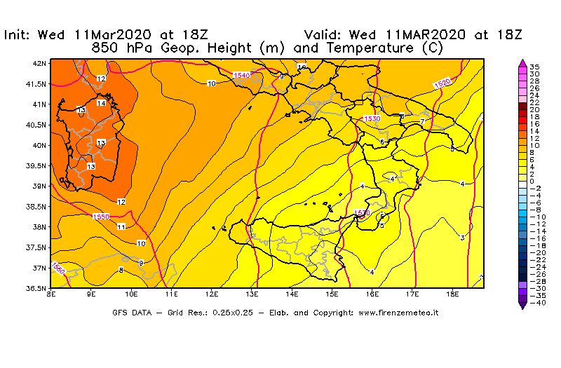 Mappa di analisi GFS - Geopotenziale [m] e Temperatura [°C] a 850 hPa in Sud-Italia
							del 11/03/2020 18 <!--googleoff: index-->UTC<!--googleon: index-->