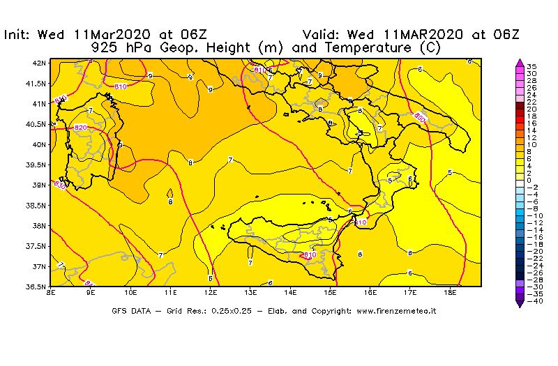 Mappa di analisi GFS - Geopotenziale [m] e Temperatura [°C] a 925 hPa in Sud-Italia
							del 11/03/2020 06 <!--googleoff: index-->UTC<!--googleon: index-->