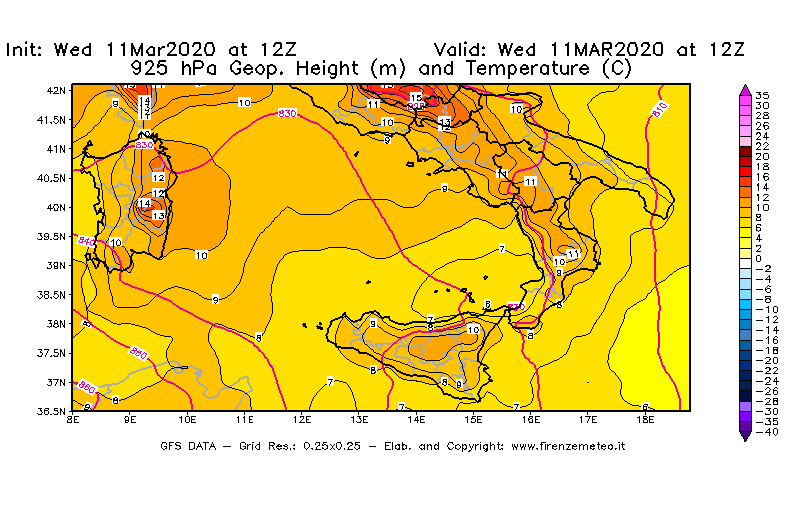 Mappa di analisi GFS - Geopotenziale [m] e Temperatura [°C] a 925 hPa in Sud-Italia
							del 11/03/2020 12 <!--googleoff: index-->UTC<!--googleon: index-->