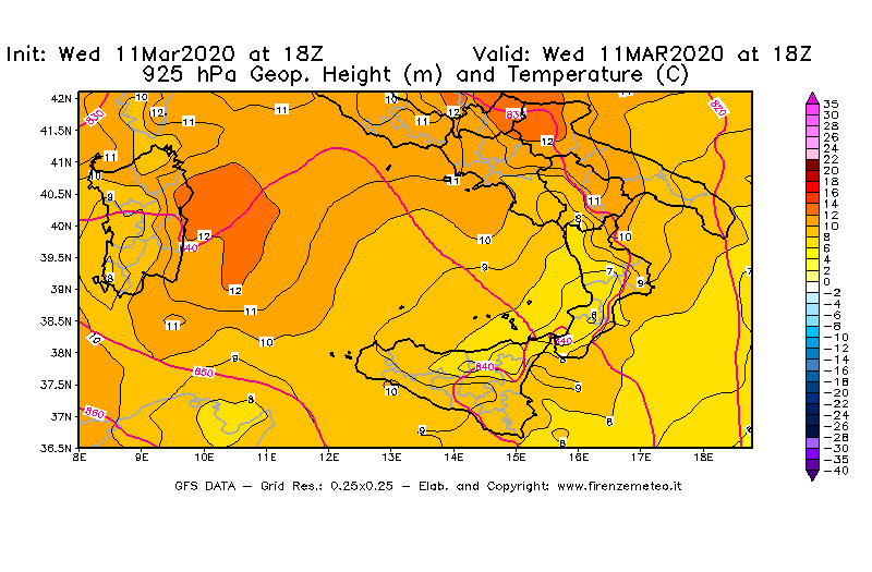 Mappa di analisi GFS - Geopotenziale [m] e Temperatura [°C] a 925 hPa in Sud-Italia
							del 11/03/2020 18 <!--googleoff: index-->UTC<!--googleon: index-->