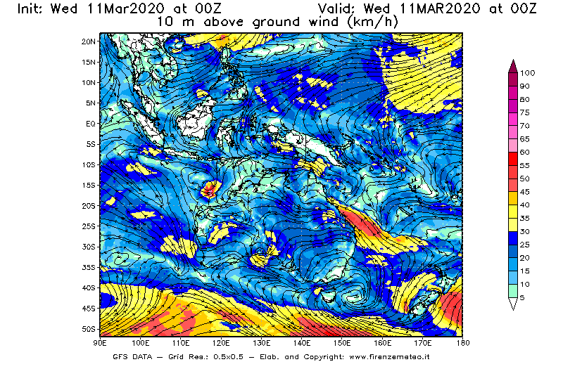 Mappa di analisi GFS - Velocità del vento a 10 metri dal suolo [km/h] in Oceania
							del 11/03/2020 00 <!--googleoff: index-->UTC<!--googleon: index-->