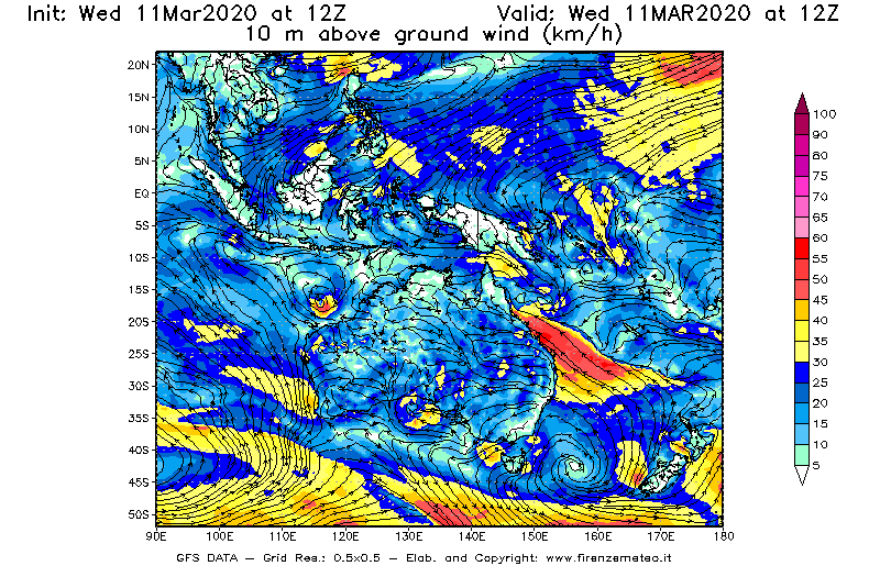 Mappa di analisi GFS - Velocità del vento a 10 metri dal suolo [km/h] in Oceania
							del 11/03/2020 12 <!--googleoff: index-->UTC<!--googleon: index-->