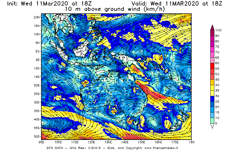 Mappa di analisi GFS - Velocità del vento a 10 metri dal suolo [km/h] in Oceania
							del 11/03/2020 18 <!--googleoff: index-->UTC<!--googleon: index-->