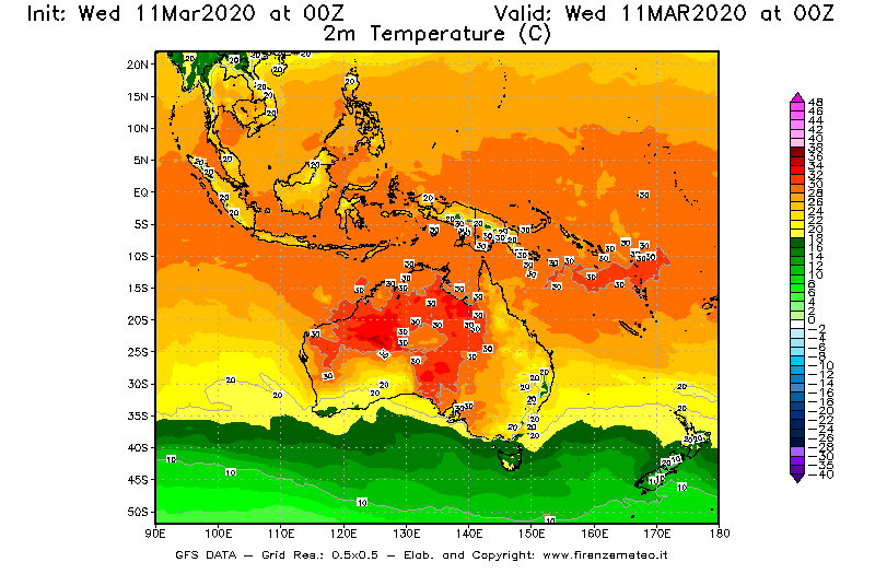 Mappa di analisi GFS - Temperatura a 2 metri dal suolo [°C] in Oceania
							del 11/03/2020 00 <!--googleoff: index-->UTC<!--googleon: index-->