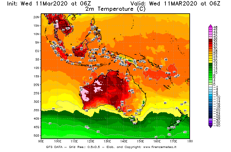 Mappa di analisi GFS - Temperatura a 2 metri dal suolo [°C] in Oceania
							del 11/03/2020 06 <!--googleoff: index-->UTC<!--googleon: index-->