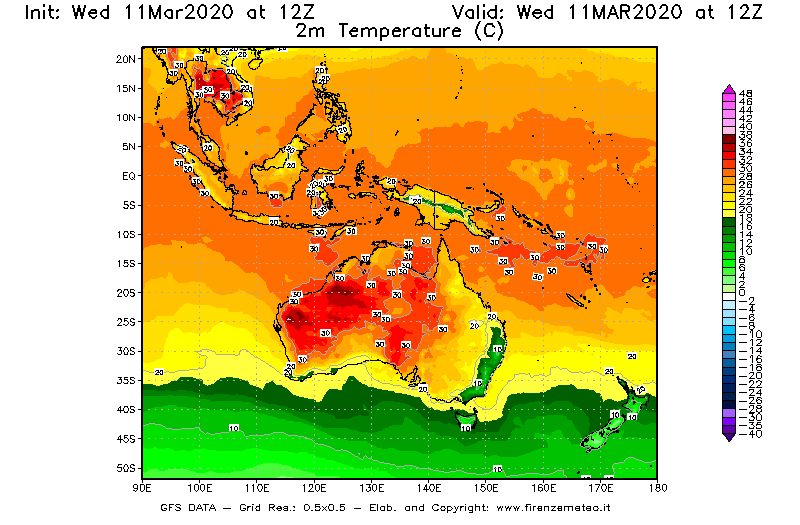 Mappa di analisi GFS - Temperatura a 2 metri dal suolo [°C] in Oceania
							del 11/03/2020 12 <!--googleoff: index-->UTC<!--googleon: index-->