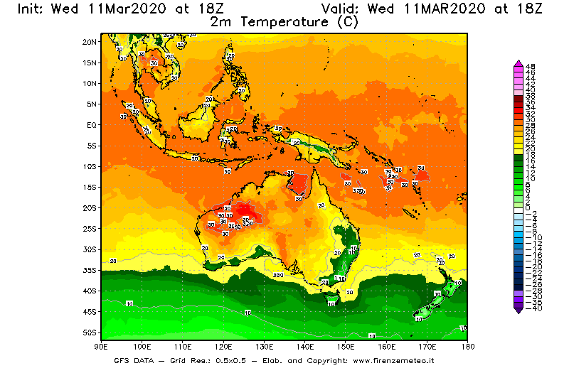 Mappa di analisi GFS - Temperatura a 2 metri dal suolo [°C] in Oceania
							del 11/03/2020 18 <!--googleoff: index-->UTC<!--googleon: index-->