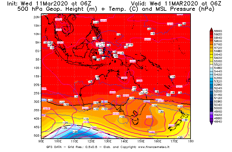 Mappa di analisi GFS - Geopotenziale [m] + Temp. [°C] a 500 hPa + Press. a livello del mare [hPa] in Oceania
							del 11/03/2020 06 <!--googleoff: index-->UTC<!--googleon: index-->