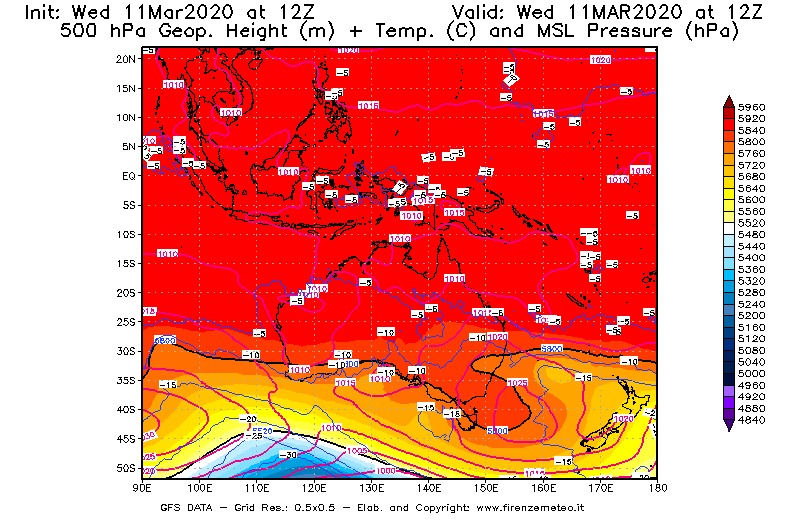 Mappa di analisi GFS - Geopotenziale [m] + Temp. [°C] a 500 hPa + Press. a livello del mare [hPa] in Oceania
							del 11/03/2020 12 <!--googleoff: index-->UTC<!--googleon: index-->