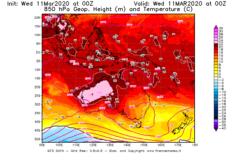 Mappa di analisi GFS - Geopotenziale [m] e Temperatura [°C] a 850 hPa in Oceania
							del 11/03/2020 00 <!--googleoff: index-->UTC<!--googleon: index-->