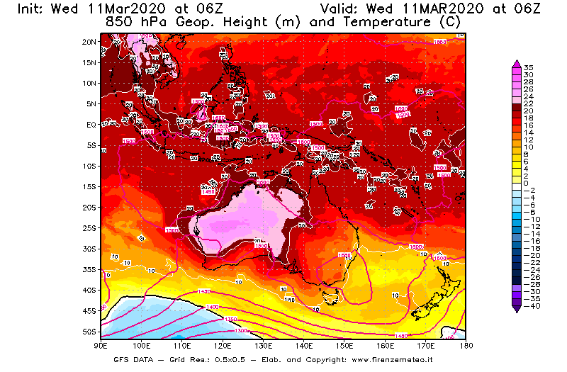 Mappa di analisi GFS - Geopotenziale [m] e Temperatura [°C] a 850 hPa in Oceania
							del 11/03/2020 06 <!--googleoff: index-->UTC<!--googleon: index-->