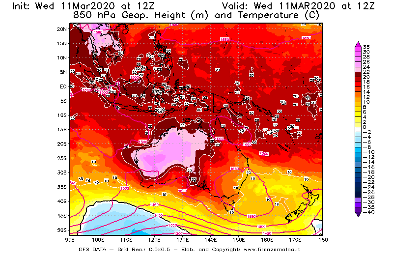 Mappa di analisi GFS - Geopotenziale [m] e Temperatura [°C] a 850 hPa in Oceania
							del 11/03/2020 12 <!--googleoff: index-->UTC<!--googleon: index-->