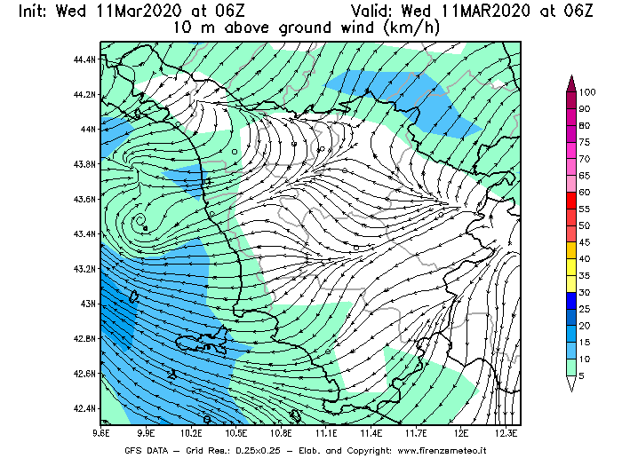 Mappa di analisi GFS - Velocità del vento a 10 metri dal suolo [km/h] in Toscana
							del 11/03/2020 06 <!--googleoff: index-->UTC<!--googleon: index-->