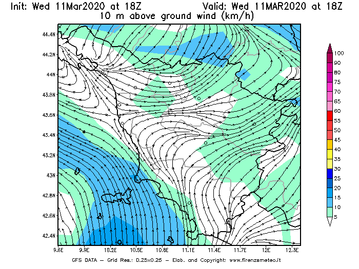 Mappa di analisi GFS - Velocità del vento a 10 metri dal suolo [km/h] in Toscana
							del 11/03/2020 18 <!--googleoff: index-->UTC<!--googleon: index-->