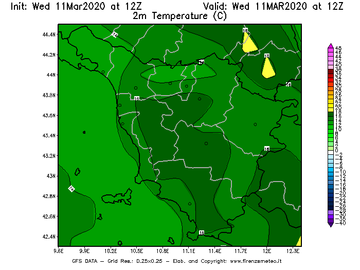 Mappa di analisi GFS - Temperatura a 2 metri dal suolo [°C] in Toscana
							del 11/03/2020 12 <!--googleoff: index-->UTC<!--googleon: index-->