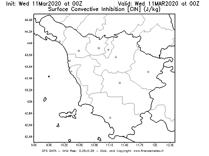 Mappa di analisi GFS - CIN [J/kg] in Toscana
							del 11/03/2020 00 <!--googleoff: index-->UTC<!--googleon: index-->